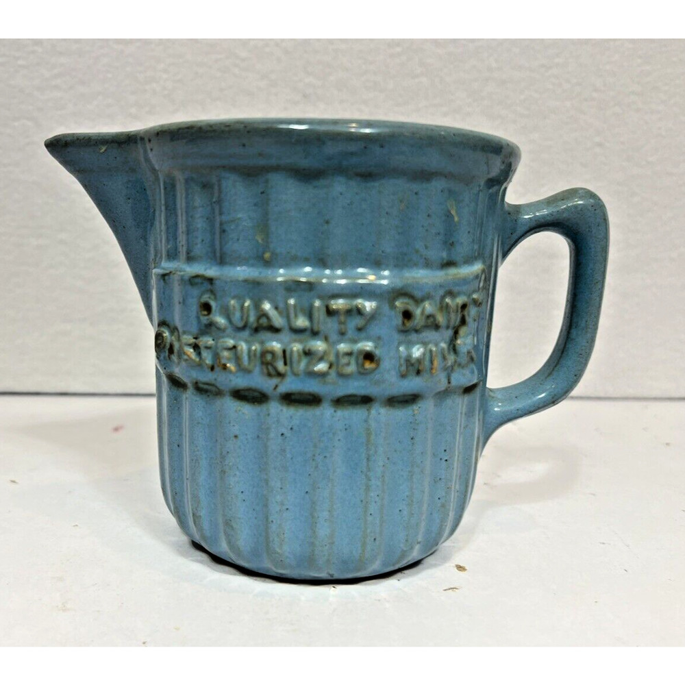 Vtg Blue Green Pottery vertical Ribbed Small 4.5” Stoneware Milk Pitcher‎ handle